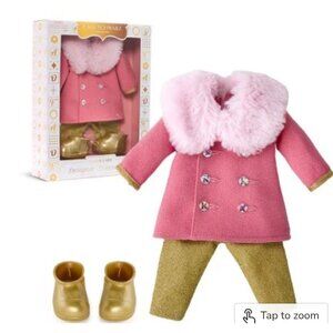 Peacoat Set for 14-inch baby dolls, which includes a pink coat, gold pants, and